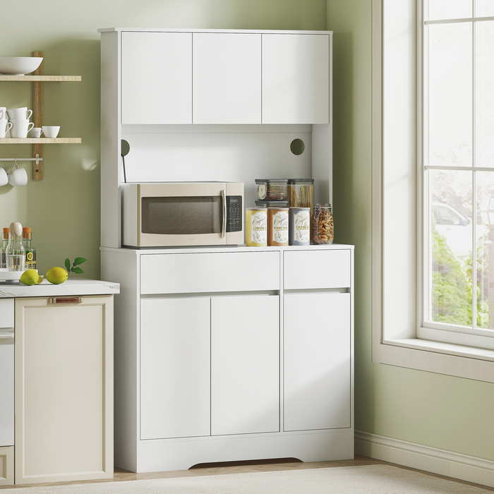 HOMCOM Kitchen Cabinet Buffet with Countertop, 6 Doors, Tall Cabinet with Adjustable Shelves, Cable Holes, Microwave Cabinet Modern Storage Cabinet, White, 100 x 38 x 180 cm | Aosom