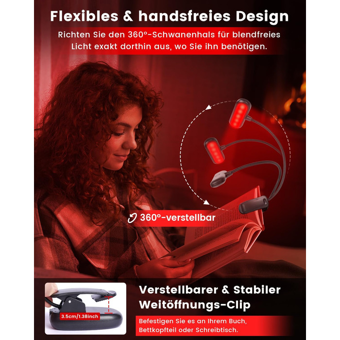 Ліхтарик для читання з червоним світлом 670 нм, кліпса на книгу, з функцією пам'яті, димування та USB-зарядкою. Без синього світла, портативний, для ліжка та захисту очей.