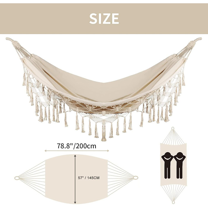 Bellzacasa Large Brazilian Hammock, Fabric Camping Hammock with Portable Bags Ropes for Hanging from Trees Soft Striped Canvas Cotton (Beige)