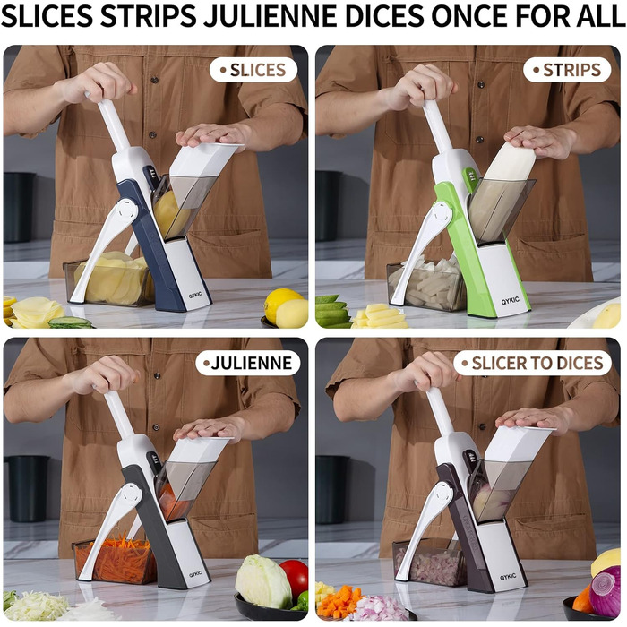QYKIC Vegetable Slicer, ONCE FOR ALL Adjustable Vegetable Grater Mandoline Vegetable Slicer Potato Slicer Onion Slicer made of Plastic Grey, Stainless Steel