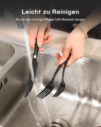 Набір столових приборів Honkku 30 предметів (6 осіб), чорний, з нержавіючої сталі, з об'ємними ручками, набір ножів, виделок та ложок, полірований, придатний для миття в посудомийній машині