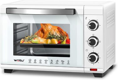 Міні-піч WOLTU 28 л, піч для піци 1600 Вт, 100-230°C, таймер 0-60 хв, 3 режими нагріву, з деко, решіткою, підсвічуванням крихт, підйомником решітки, для випікання, запікання, розморожування, підігріву (біла)