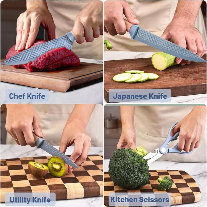 Набір кухонних ножів, 6 предметів: гострі ножі з нержавіючої сталі з антипригарним покриттям, набір для кухні з підставкою (блакитний)