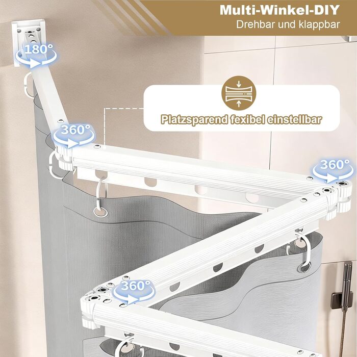 Шторка для душу з розсувною штангою без свердління, 4 секції, обертається, алюмінієвий сплав, водонепроникний антибактеріальний душ-завіса 180x200 см, для ванної кімнати та ванни (білий/сірий)