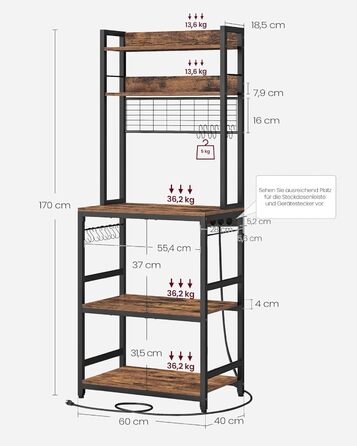 Стелаж кухонний VASAGLE з розетками, для мікрохвильової печі, з решіткою, 14 гачків, антрацит-чорний, 40x60x170 см, вінтажний коричневий + чорний