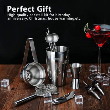 Cocktail Set, Godmorn Stainless Steel Shaker Set, 15-Piece Bartender Set with Improved Bamboo Stand, Recipe Book, Measuring Jigger, and Bar Spoon, 550 ml Gift Set for Home or the Bar