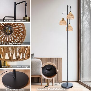 Стійка лампа ShineMuse Boho з ротангу, чорна, вінтаж, 170 см, 3 E27, LED, диммер, для вітальні