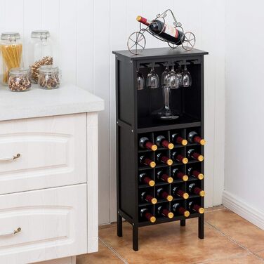 RELAX4LIFE Wine Rack Pine Wood, Wine Cabinet with Wine Glass Holder, Wine Holder for 20 Bottles, Wine Stand for Kitchen, Bottle Shelf for Wine & Drinks, Large Storage 42 x 24.5 x 96 cm (Black)