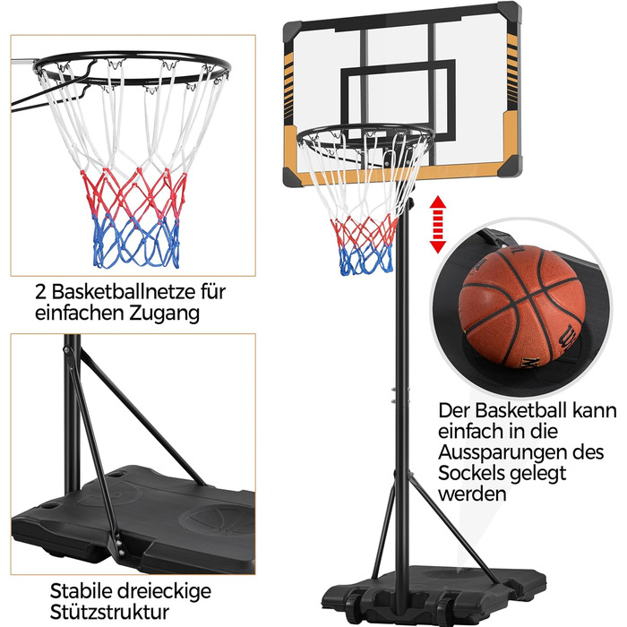 Yaheetech Adjustable Height Basketball Stand with Wheels - Mobile Basketball Hoop, Water/Sand Fillable, Indoor/Outdoor Basketball System - 226.5cm - 256.5cm