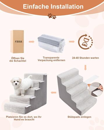 KSIIA Dog Stairs for Small Dogs 44cm High, Pet Stairs with Removable Washable Cover, Cat Stairs for Old Cats and Dogs, Non-Slip Dog Ramp Dog Stairs for Bed Sofa, Grey (5 steps (L75 x W40 x H55 cm))