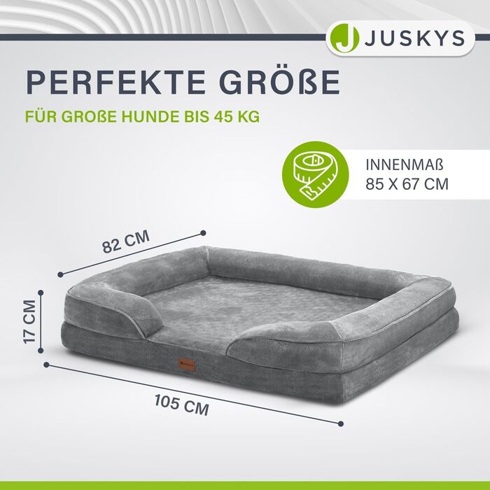 Juskys Dog Bed Sheena L Orthopedic, Washable & Non-Slip - 98 x 70 x 17 cm - Fluffy Dog Sofa for Medium-Sized Dogs Grey - Pet Bed Dog Sofa (L 105 x W 82 x H 17 cm)