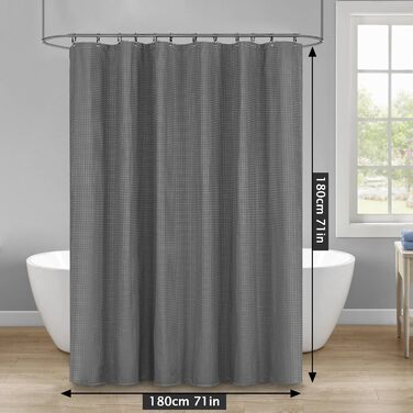 Штора для душу миюча текстильна поліестер 180x200 см, сіра, з кільцями (12 шт.) - Водонепроникна штора у ванну