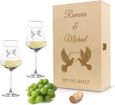 Leonardo Wine Glasses Set of 2 with Wooden Box and Engraving for Him & Her with Love Doves. Only love counts. Personalized with name & date. Leonardo Puccini 560ml