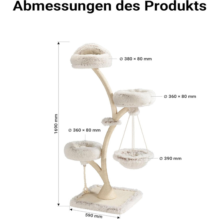 Котячий будиночок-когтеточка Fudajo 169 см, 4 рівні, бежевий, з сизалю