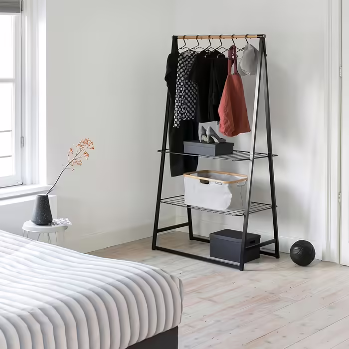 Brabantia - Linn Clothes Rail, Compact - Freestanding Clothes Rack - For Clothes - Hanging, Airing & Drying Clothes - Sturdy Steel Frame & Bamboo Rod - 47.6 cm x 34 cm x 170 cm - Matte (Black, Large)