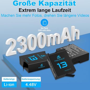 Набір акумуляторів та зарядного пристрою для GoPro Hero 13 Black: 3 акумулятори 2300mAh та швидке зарядне пристрій USB Type-C PD3.0 (2/3 шт.)
