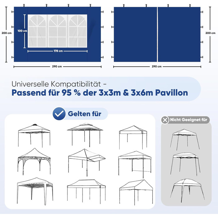 Sekey 1PCS Side Walls for Gazebo 3x3 Waterproof and Winter-Proof with Storage Compartments, Side Walls for Gazebo Party Tent Garden Tent 3x3m, (Navy, 1 Window 1 Door)
