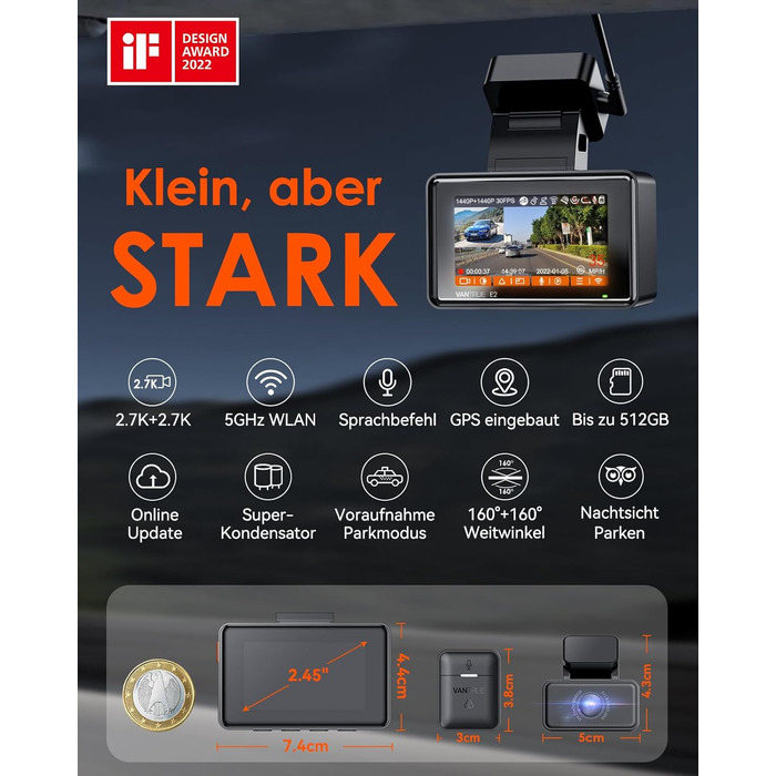 Відеореєстратор VANTRUE E2 Dual 2.7K+2.7K з GPS, WiFi та пультом керування. Подвійний об'єктив, нічне бачення, паркувальний режим, G-сенсор, підтримка карт пам'яті до 512GB