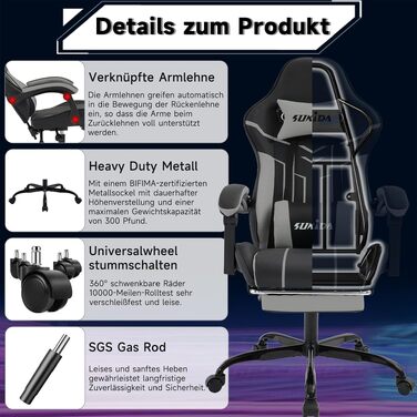Ігрове крісло SUKIDA Ergonomic Gaming Chair з підставкою для ніг та підтримкою попереку, чорно-сіре