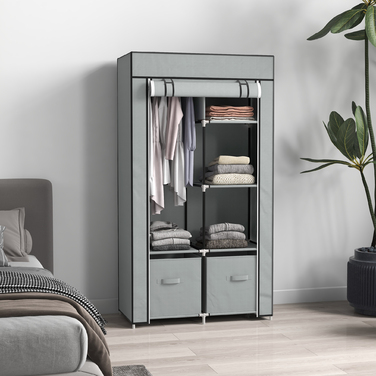 HOMCOM Fabric Closet, Space-Saving Wardrobe with 5 Compartments & Clothes Rail, Zipper, Folding Closet in Light Grey