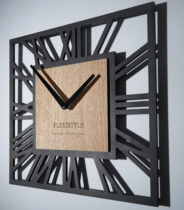 FLEXISTYLE Wall Clock No Ticking Sound Modern LOFT Piccolo Square 30cm Living Room Bathroom, z219n (Black Oak)