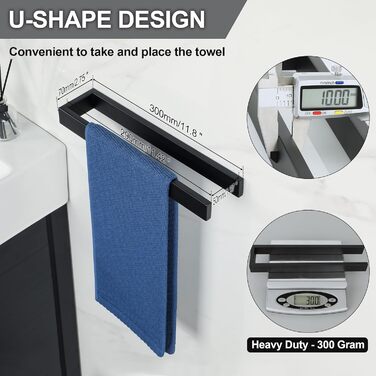 Тримач для рушників SAYAYO без свердління, 30 см, чорний, нержавіюча сталь, самоклеючий, для ванної кімнати та кухні