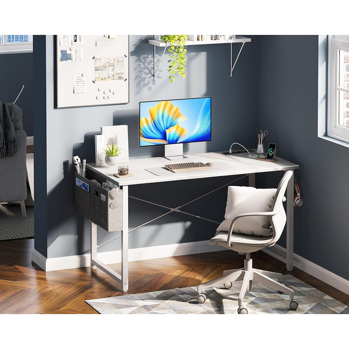 Комп'ютерний стіл Coleshome 100x48 см з розетками, тримачем для навушників та кишенькою для зберігання. Білий офісний/ігровий стіл для дому та офісу.