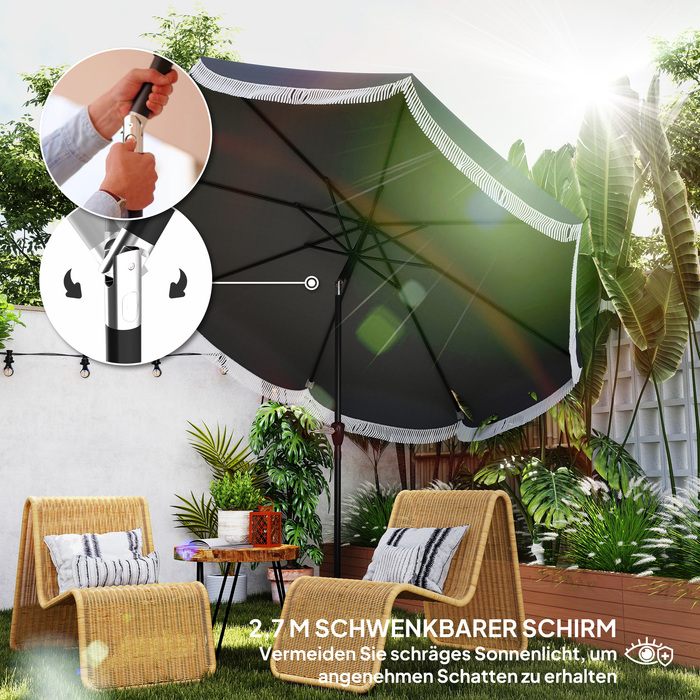 Сонцезахисний парасолька Outsunny Ø269 см, UV 30+ Парасолька восьмикутна, для балкона, пляжу, вітростійка, для ринку, з ручним механізмом, захист від сонця для пляжу, балкона, саду, темно-сіра | Aosom
