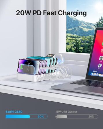 SooPii Зарядна станція USB-C 8 портів з PD 20W, кабель USB 8 шт., тримач для Apple Watch та AirPods - Біла