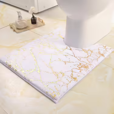 QJHOMO Non-Slip Bath Mat Washable Bathroom Rug, Toilet Rug with Cutout White Bathroom Carpet, Gold Decorative Toilet Rug Luxury Bath Accessories, Soft Microfiber Absorbent Bath Mat 50x60 cm
