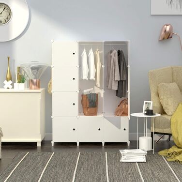 HOMIDEC Wardrobe, Portable Storage System, 20 Cube Closet made of Plastic with 2 Clothes Racks, Bedroom Wardrobe Closet White for Bedroom, 180 x 142 x 45cm (12 cube, All White)
