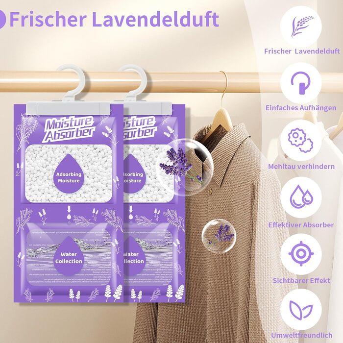 Boadw 20x230G Hanging Air Dehumidifier with Fragrance, Closet Moisture Absorber for Basements, Bedrooms, Bathrooms, Against Moisture Anti-Mold Deodorizing Drying Bag – Lavender