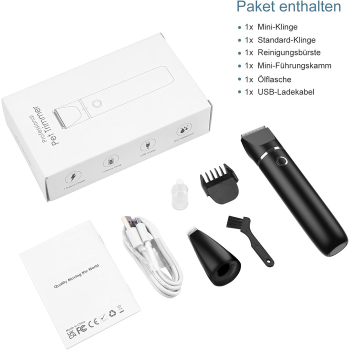 Триммер для собак: набір для стрижки кігтів, USB-зарядка, безпечний, тихий, IPX7 водонепроникний, чорний