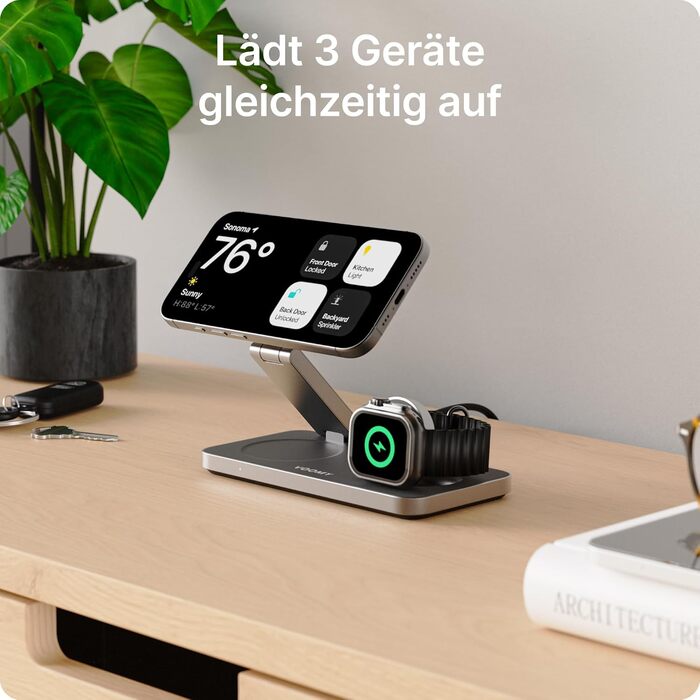 База для бездротової зарядки Voomy 3-в-1 з підтримкою MagSafe, для iPhone, AirPods та Apple Watch, 15W, складана, швидка зарядка, з USB-C кабелем та адаптером (Чорний)
