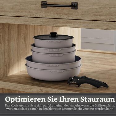 Набір посуду Country Kitchen (16 предметів): каструлі та сковороди з антипригарним покриттям, знімні Soft-Touch ручки, для дому та кемпінгу, підходять для духовки, сірий