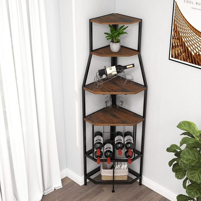 VEDECASA Corner Wine Rack Freestanding 5-Tier Corner Bar Shelf with Glass Holder and Wine Storage Industrial Wine Rack Wine Bar Cabinet for Kitchen Bar Cellar Dining Room vintage brown-black