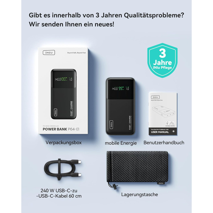 Power Bank INIU 25000mAh 140W: Швидка зарядка для телефону, ноутбука, MacBook, iPad, iPhone, Samsung, Steam Deck. Білий, компактний.