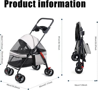 Foldable Pet Stroller for Small Dogs & Cats - 360° Swivel Wheels, Double Locking, Adjustable Canopy, Grey Mesh