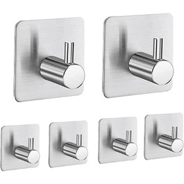 Набір гачків для рушників 6 шт. самоклеючі, з нержавіючої сталі, без свердління, для ванної, туалету, кухні, офісу (сріблясті)