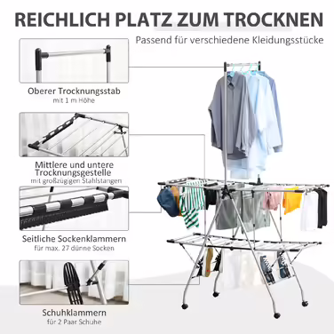 HOMCOM Clothes Rack with Telescopic Rods, Large Clothes Dryer 138.5x63x208cm, Foldable, Ideal for Large Laundry Room