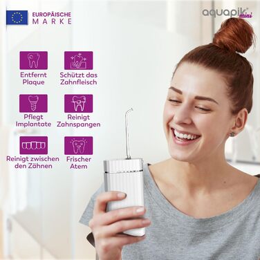 Портативна бездротова іригатор Aquapik® Mini | Іригатор для імплантів та брекетів | Бездротовий, водонепроникний IPX7, 1200 імпульсів/хв, 21 день роботи від акумулятора, 4 насадки (білий)