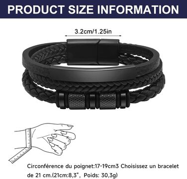Чоловічий шкіряний браслет на магнітній застібці, з нержавіючої сталі, плетене браслет, ідеально підходить на день народження, День святого Валентина, Різдво або День батька (21 см, чорний)