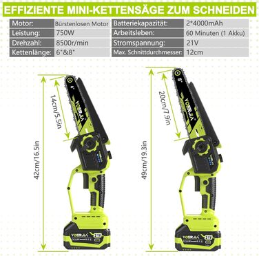 Акумуляторна міні-ланцюгопила VOERJIA 21V (6 та 8 дюймів) з безщітковим двигуном, автоматичним змащуванням та 2-ма АКБ по 4.0Ah, набір для обрізки дерев та садових робіт