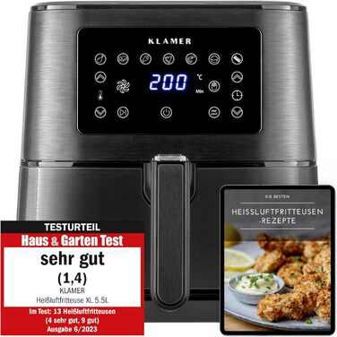 Аерофритюрниця KLAMER 5,5 л XXL, без олії, 1700 Вт, LED-екран, цифрова, з німецькою кулінарною книгою, багатофункціональна, чорна