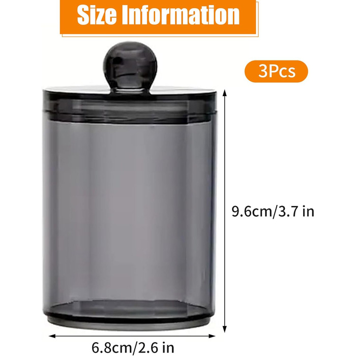 Організатор для ватних паличок та косметики з кришкою (3 шт.) - прозорий чорний контейнер для ватних дисків, зубної нитки, спонжів для макіяжу та аксесуарів для волосся