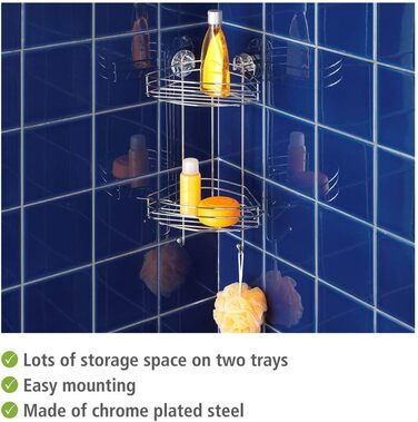 WENKO Vacuum-Loc Corner Shelf 2 Tiers Chrome, Shower Shelf with 2 Levels and 2 Hooks, Drill-Free Attachment with Vacuum, Chrome-Plated Metal, 24.5 x 41 x 16 cm