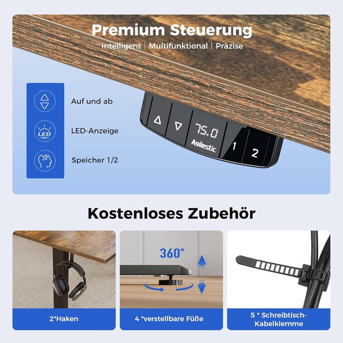 Регульований стіл Agilestic з підйомною механікою: електричний, з пам'яттю, ергономічний, для роботи, 120x60 см, білий (коричневий)