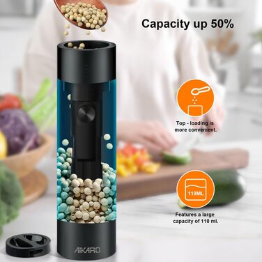 Електрична млинка для солі та перцю Aikarо - автоматична, з акумулятором, перезарядна база в комплекті
