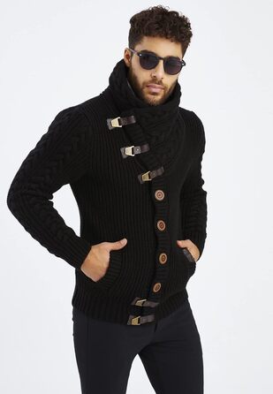 Чоловічий светр Leif Nelson з коміром-шарфом, Slim Fit, зимовий, повсякденний, великий в'язаний, чорний худі-светр LN7080 Cael (S, Чорний)