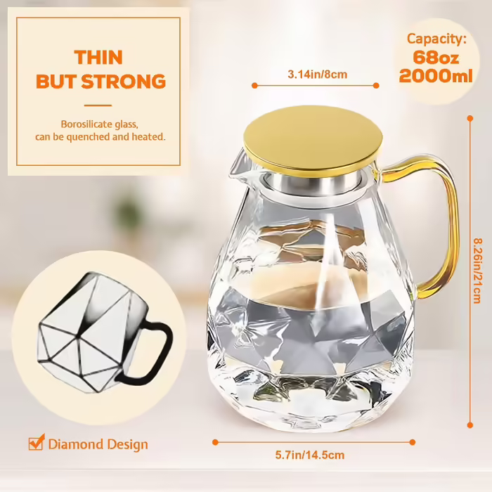 DUJUST Glass Giraffe with Gold Lid, 2 Liter, Water Carafe with Modern Diamond Design, Glass Pitcher with Handle for Fruit Infusion, Durable Heat-Resistant Water Pitcher for Iced Tea/Milk/Coffee